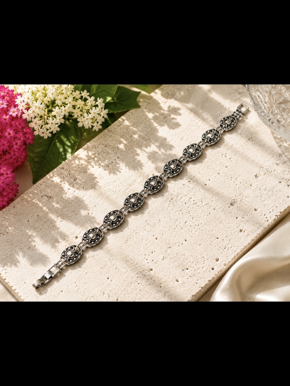 Silver Tone Merchaite Floral Link Bracelet - Silver